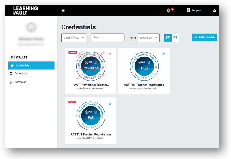 Learning Vault Credentials view Learning Vault Credentials view